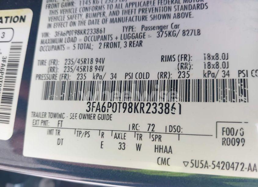 Photo 9 of 2019 Ford Fusion SE (VIN 3FA6P0T98KR233861)