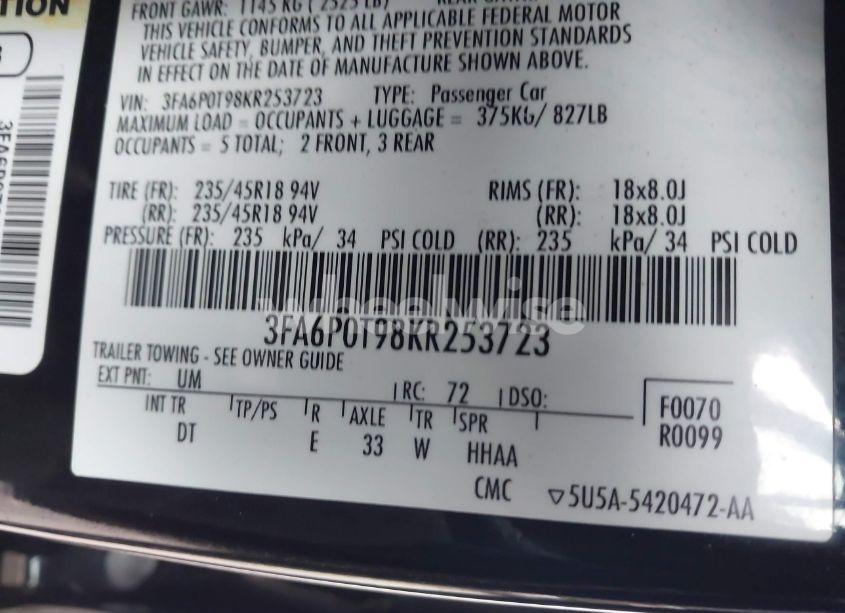 Photo 9 of 2019 Ford Fusion SE (VIN 3FA6P0T98KR253723)