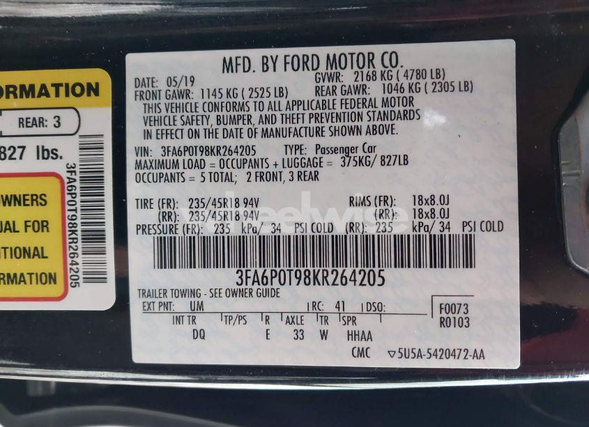 Photo 9 of 2019 Ford Fusion SE (VIN 3FA6P0T98KR264205)