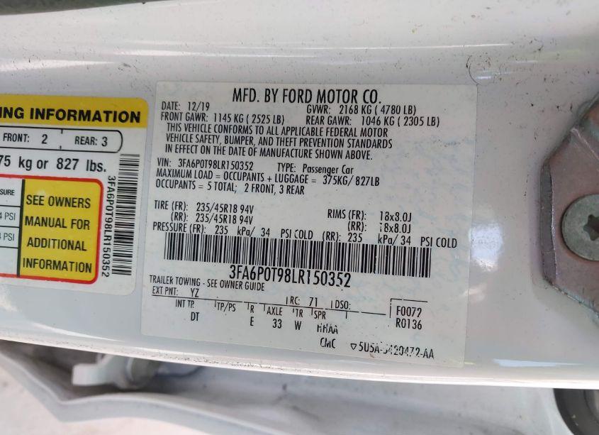 Photo 9 of 2020 Ford Fusion SE (VIN 3FA6P0T98LR150352)