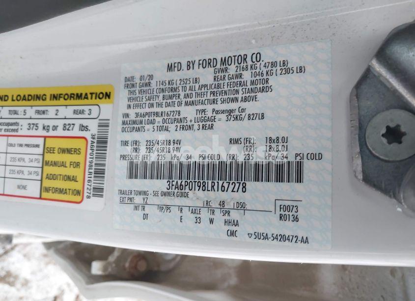 Photo 9 of 2020 Ford Fusion SE (VIN 3FA6P0T98LR167278)