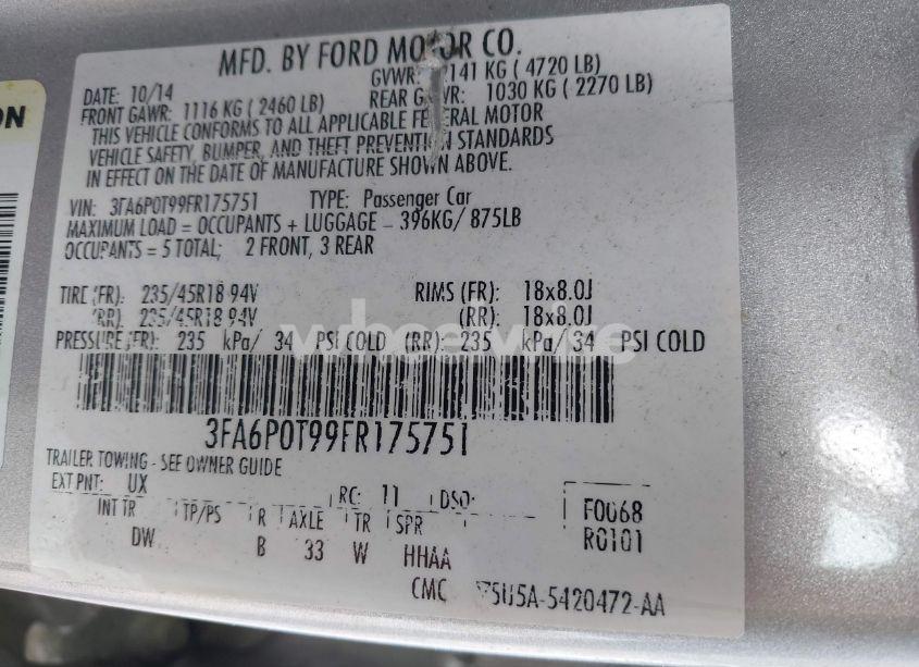 Photo 9 of 2015 Ford Fusion SE (VIN 3FA6P0T99FR175751)