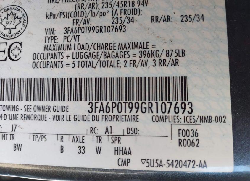 Photo 9 of 2016 Ford Fusion SE (VIN 3FA6P0T99GR107693)