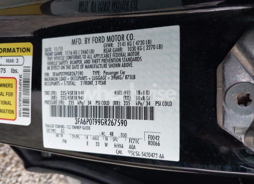 Photo 9 of 2016 Ford Fusion SE (VIN 3FA6P0T99GR267590)