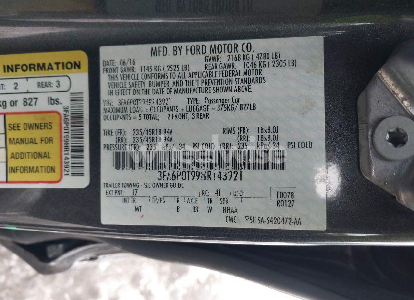 Photo 9 of 2017 Ford Fusion SE (VIN 3FA6P0T99HR143921)