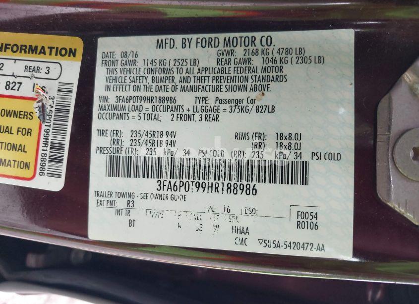 Photo 9 of 2017 Ford Fusion SE (VIN 3FA6P0T99HR188986)