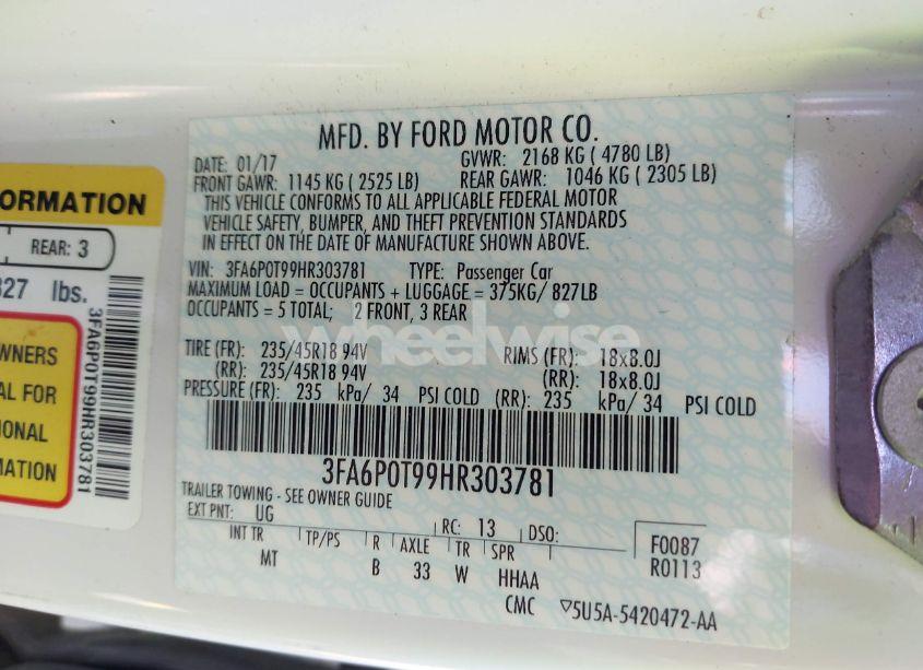 Photo 9 of 2017 Ford Fusion SE (VIN 3FA6P0T99HR303781)