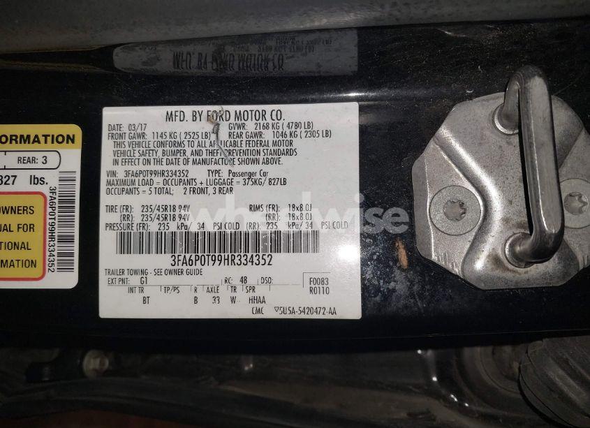 Photo 9 of 2017 Ford Fusion SE (VIN 3FA6P0T99HR334352)