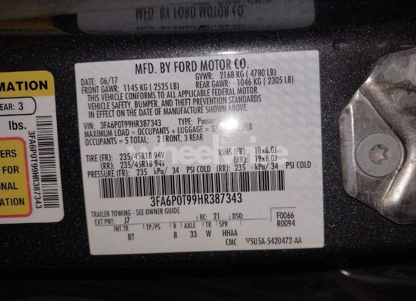 Photo 9 of 2017 Ford Fusion SE (VIN 3FA6P0T99HR387343)