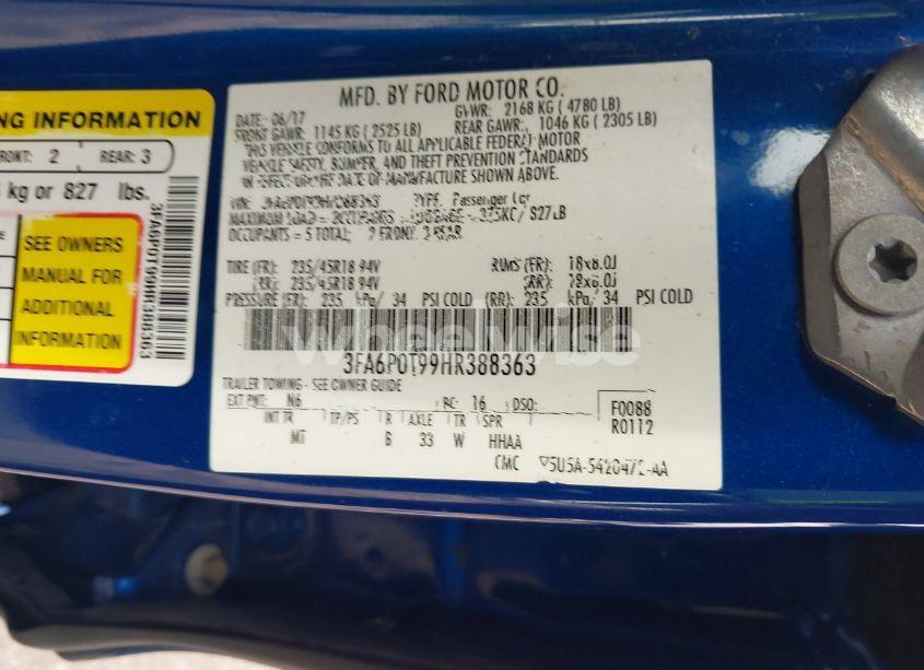 Photo 9 of 2017 Ford Fusion SE (VIN 3FA6P0T99HR388363)