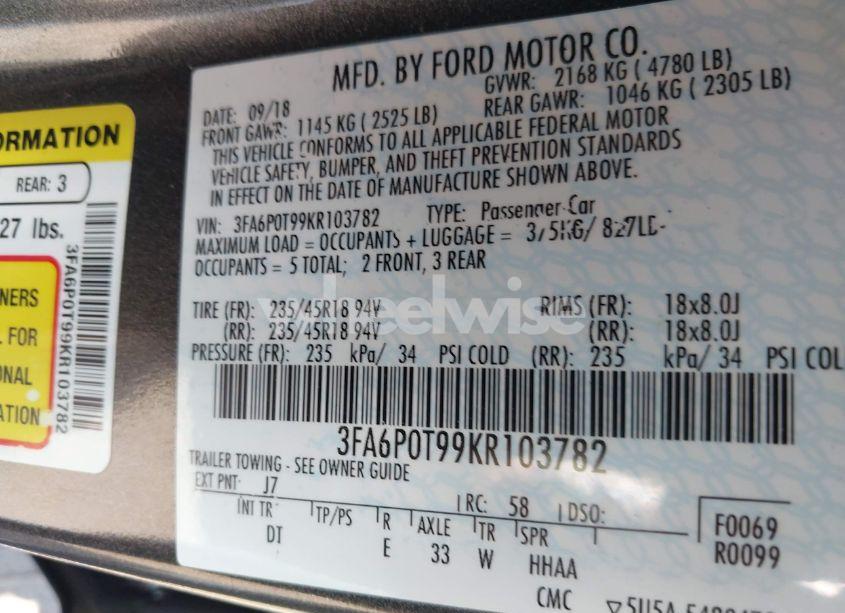 Photo 9 of 2019 Ford Fusion SE (VIN 3FA6P0T99KR103782)