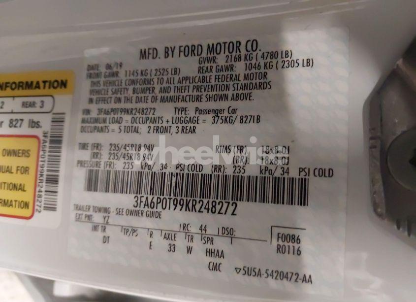 Photo 9 of 2019 Ford Fusion SE (VIN 3FA6P0T99KR248272)