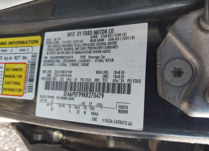 Photo 9 of 2019 Ford Fusion SE (VIN 3FA6P0T99KR270479)