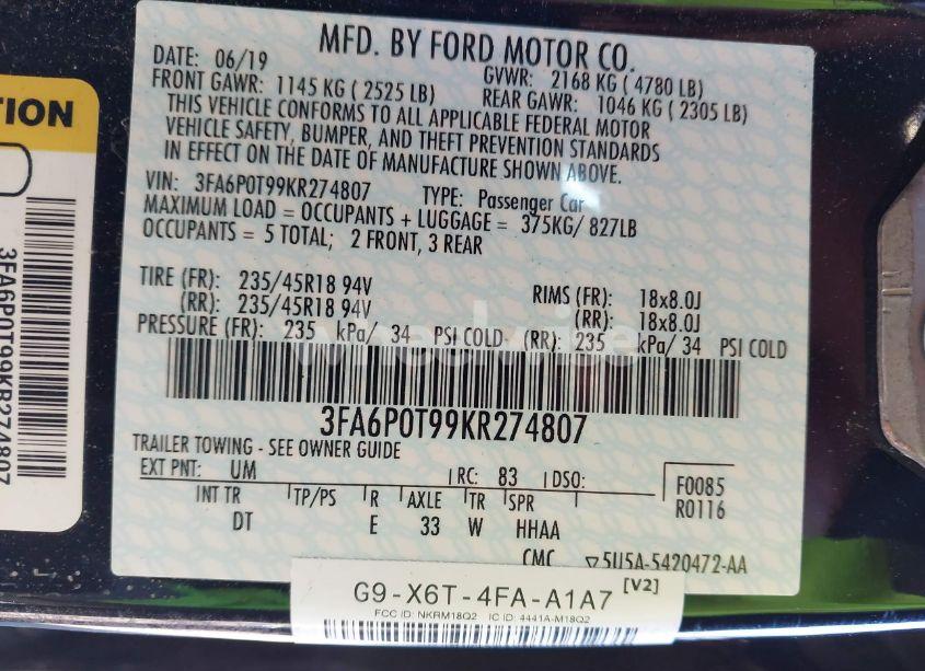 Photo 9 of 2019 Ford Fusion SE (VIN 3FA6P0T99KR274807)