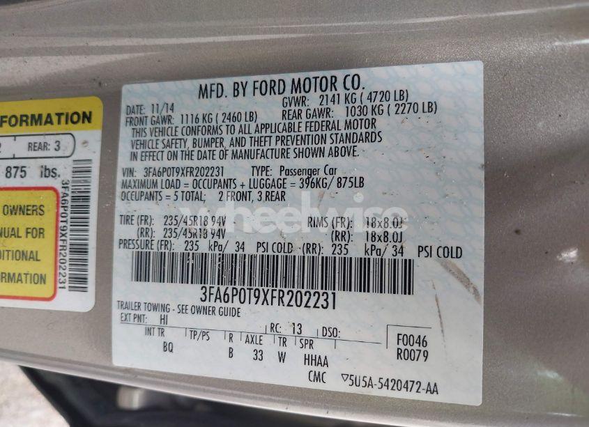 Photo 9 of 2015 Ford Fusion SE (VIN 3FA6P0T9XFR202231)