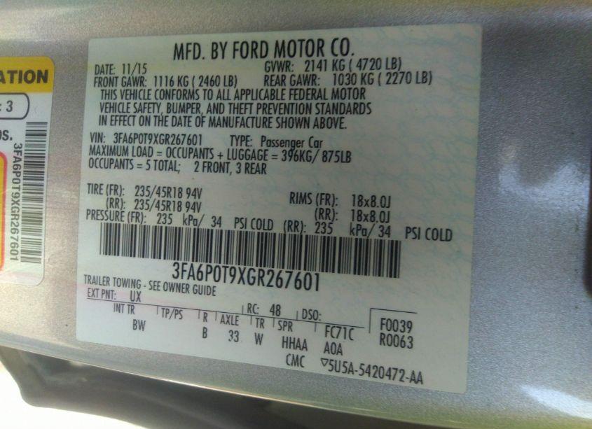 Photo 9 of 2016 Ford Fusion SE (VIN 3FA6P0T9XGR267601)