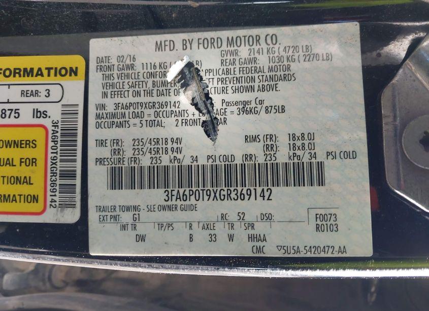 Photo 9 of 2016 Ford Fusion SE (VIN 3FA6P0T9XGR369142)