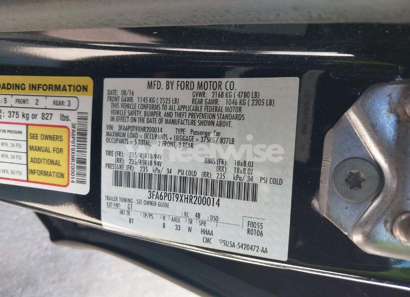 Photo 9 of 2017 Ford Fusion SE (VIN 3FA6P0T9XHR200014)