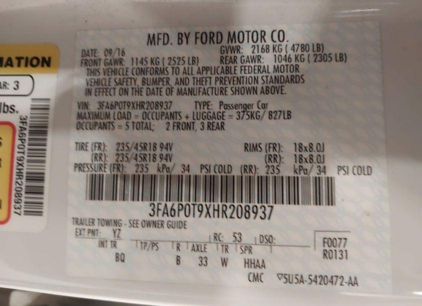 Photo 9 of 2017 Ford Fusion SE (VIN 3FA6P0T9XHR208937)