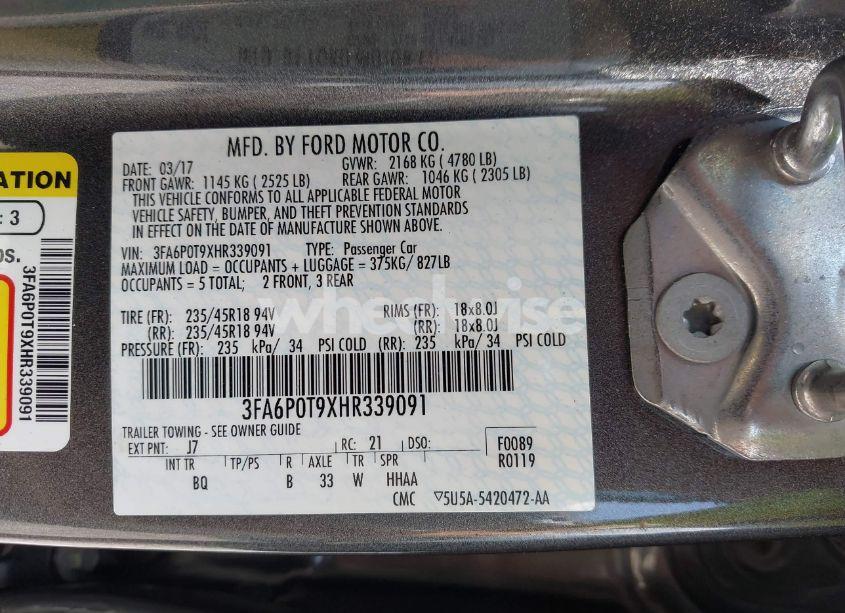 Photo 9 of 2017 Ford Fusion SE (VIN 3FA6P0T9XHR339091)