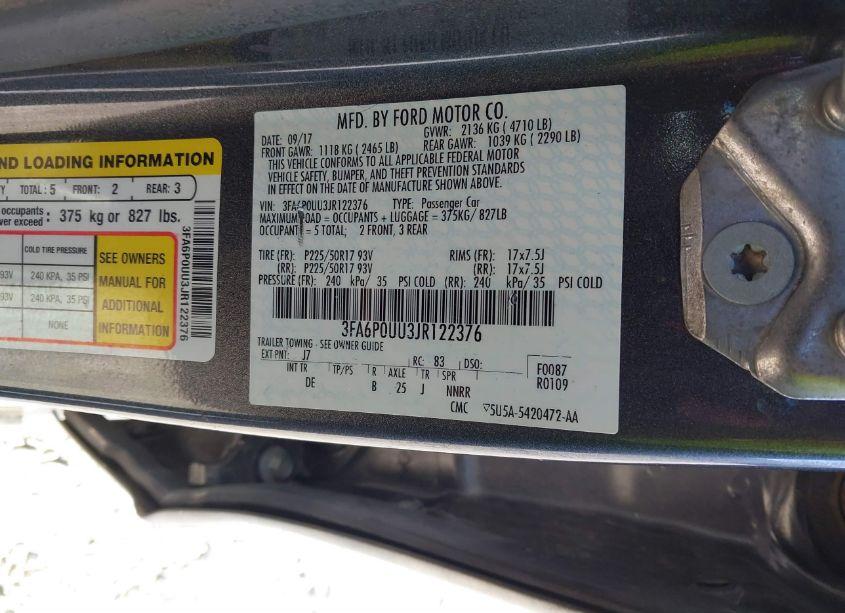 Photo 9 of 2018 Ford Fusion HYBRID S (VIN 3FA6P0UU3JR122376)