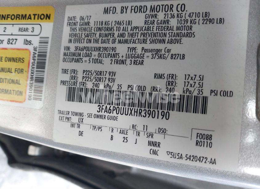 Photo 9 of 2017 Ford Fusion HYBRID S (VIN 3FA6P0UUXHR390190)