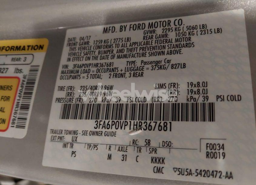 Photo 9 of 2017 Ford Fusion SPORT (VIN 3FA6P0VP1HR367681)