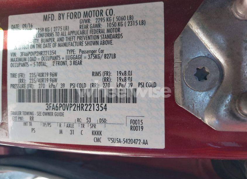 Photo 9 of 2017 Ford Fusion SPORT (VIN 3FA6P0VP2HR221354)