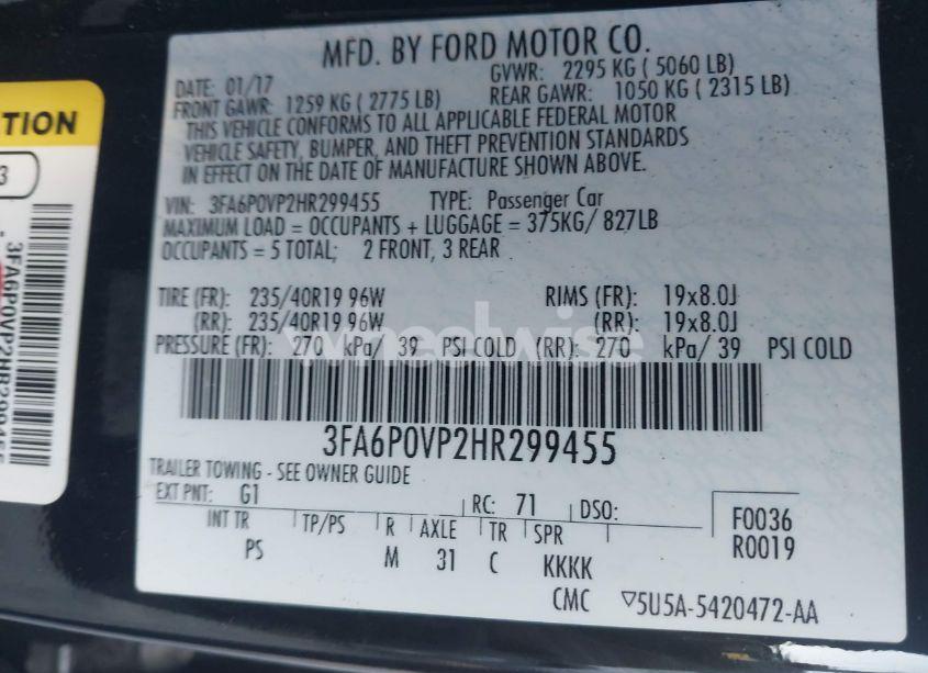 Photo 9 of 2017 Ford Fusion SPORT (VIN 3FA6P0VP2HR299455)