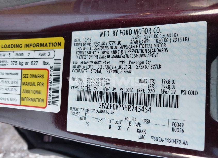 Photo 9 of 2017 Ford Fusion SPORT (VIN 3FA6P0VP5HR245454)