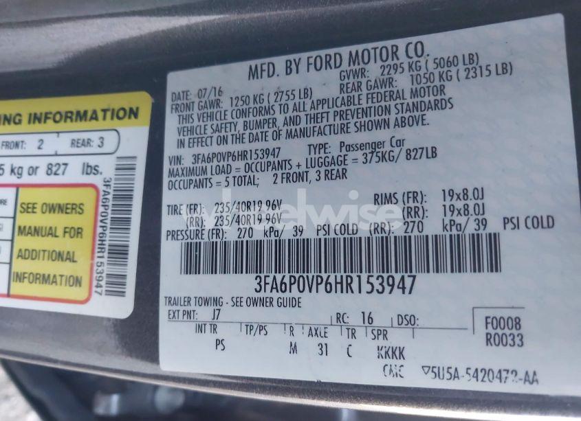 Photo 9 of 2017 Ford Fusion SPORT (VIN 3FA6P0VP6HR153947)