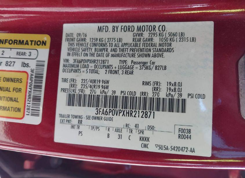 Photo 9 of 2017 Ford Fusion SPORT (VIN 3FA6P0VPXHR212871)