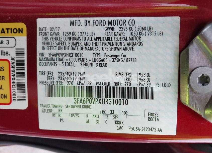 Photo 9 of 2017 Ford Fusion SPORT (VIN 3FA6P0VPXHR310010)