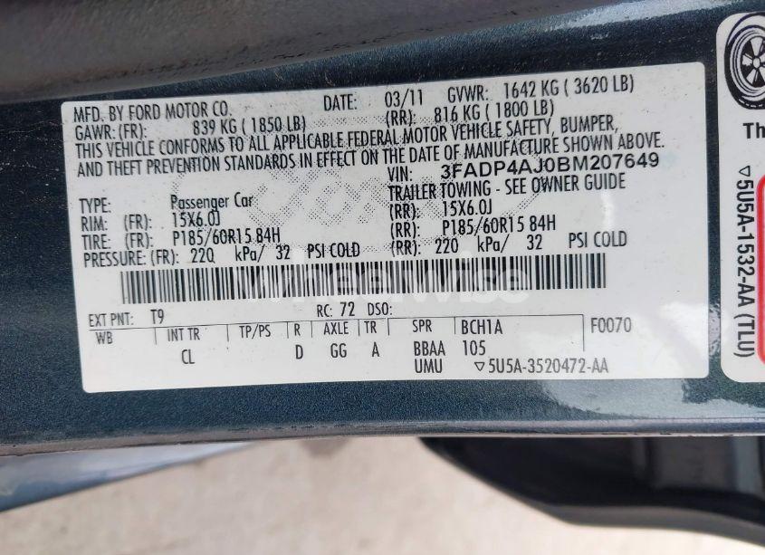 Photo 9 of 2011 Ford Fiesta S (VIN 3FADP4AJ0BM207649)