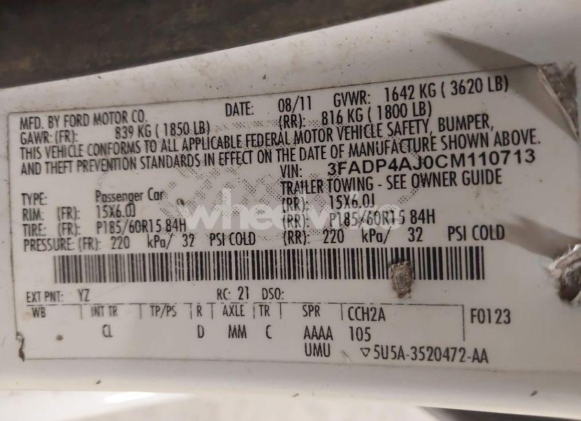 Photo 9 of 2012 Ford Fiesta S (VIN 3FADP4AJ0CM110713)