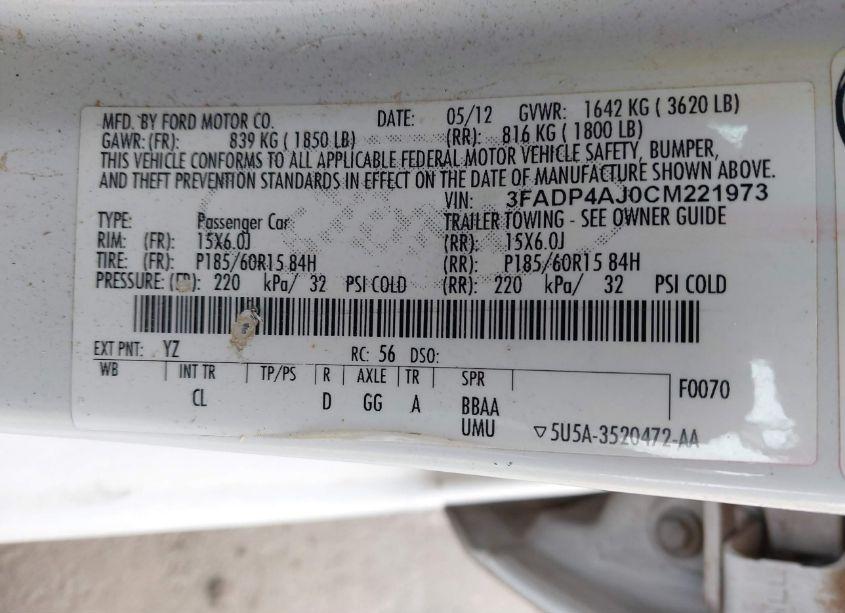 Photo 9 of 2012 Ford Fiesta S (VIN 3FADP4AJ0CM221973)