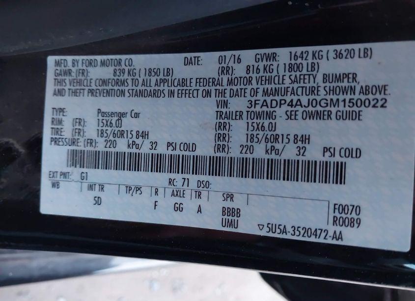 Photo 9 of 2016 Ford Fiesta S (VIN 3FADP4AJ0GM150022)