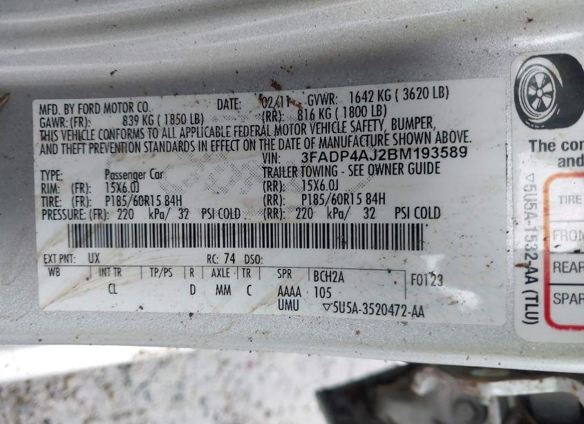 Photo 9 of 2011 Ford Fiesta S (VIN 3FADP4AJ2BM193589)