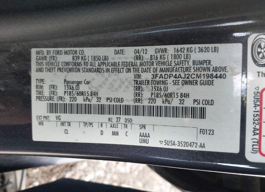 Photo 9 of 2012 Ford Fiesta S (VIN 3FADP4AJ2CM198440)