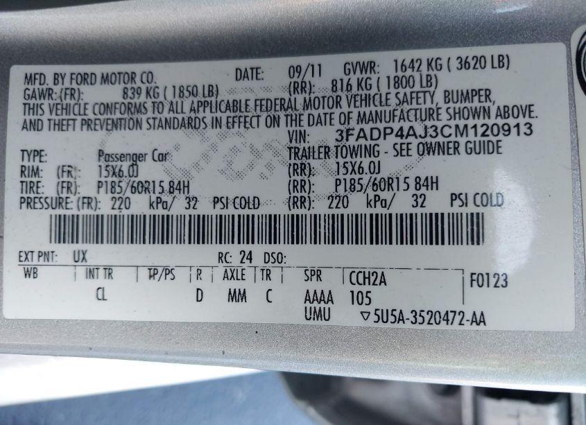 Photo 9 of 2012 Ford Fiesta S (VIN 3FADP4AJ3CM120913)