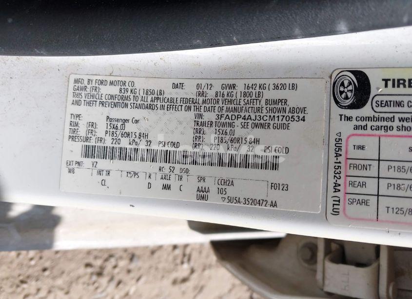 Photo 9 of 2012 Ford Fiesta S (VIN 3FADP4AJ3CM170534)