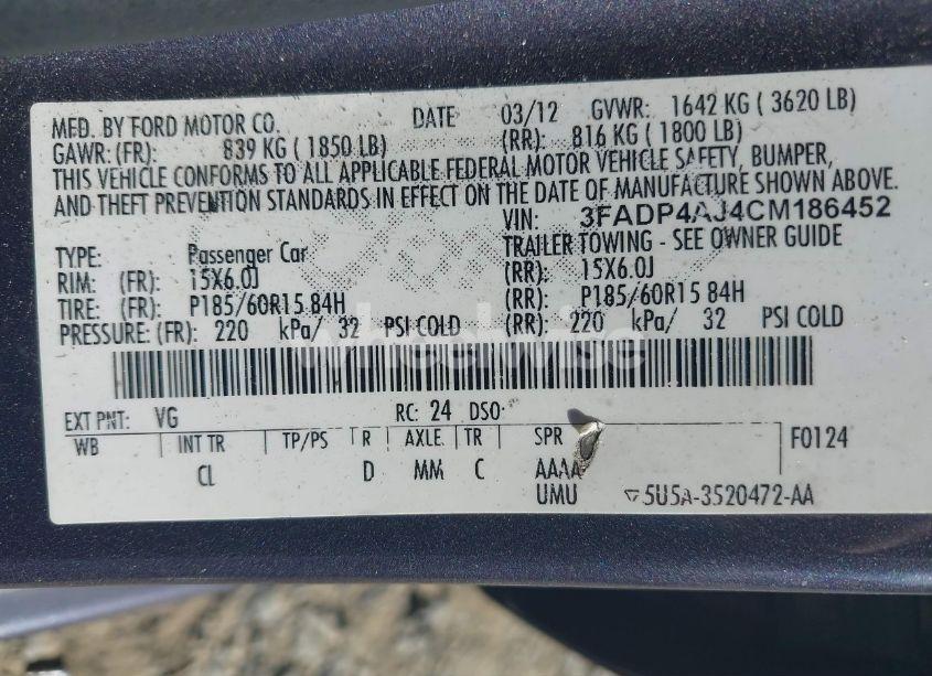 Photo 9 of 2012 Ford Fiesta S (VIN 3FADP4AJ4CM186452)