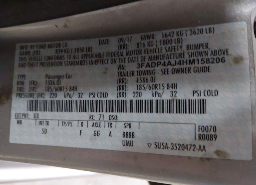 Photo 9 of 2017 Ford Fiesta S (VIN 3FADP4AJ4HM158206)