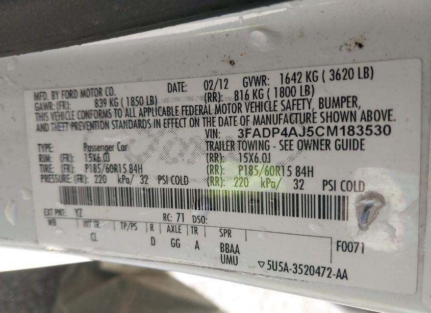 Photo 9 of 2012 Ford Fiesta S (VIN 3FADP4AJ5CM183530)