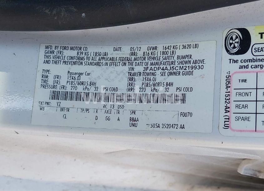 Photo 9 of 2012 Ford Fiesta S (VIN 3FADP4AJ5CM219930)