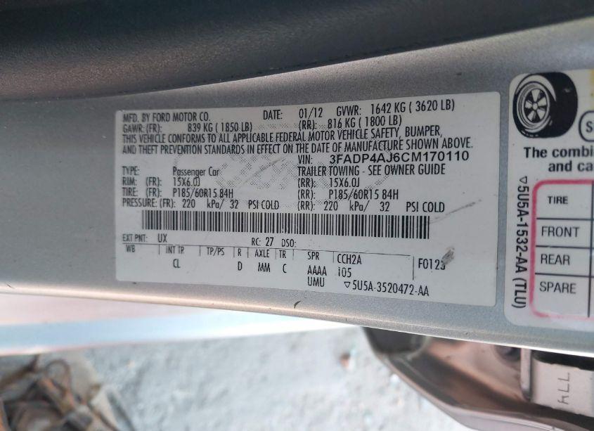 Photo 9 of 2012 Ford Fiesta S (VIN 3FADP4AJ6CM170110)