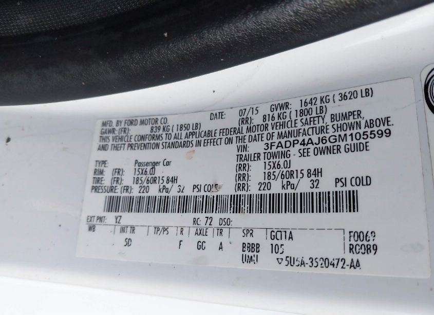 Photo 9 of 2016 Ford Fiesta S (VIN 3FADP4AJ6GM105599)