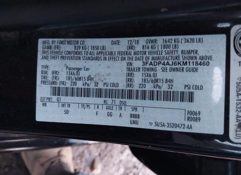 Photo 4 of 2019 Ford Fiesta S (VIN 3FADP4AJ6KM118460)