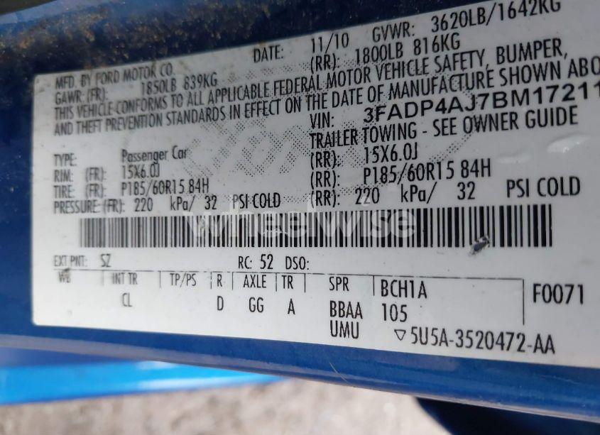 Photo 9 of 2011 Ford Fiesta S (VIN 3FADP4AJ7BM172110)