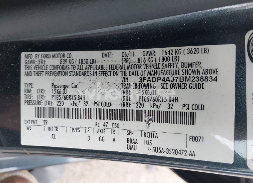 Photo 9 of 2011 Ford Fiesta S (VIN 3FADP4AJ7BM238834)